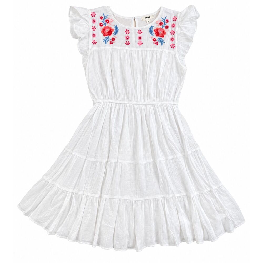 NWT MINE White Embroidered Floral Babydoll Dress Women’s L Boho Cottagecore - Picture 2 of 8